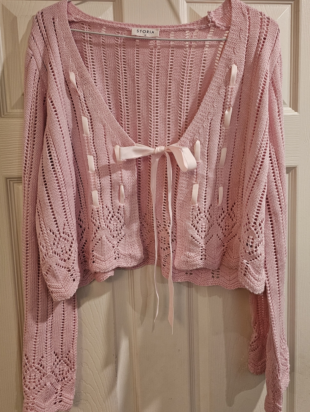 STORIA Pink Open-Knit Ribbon Tie Cropped Sweater